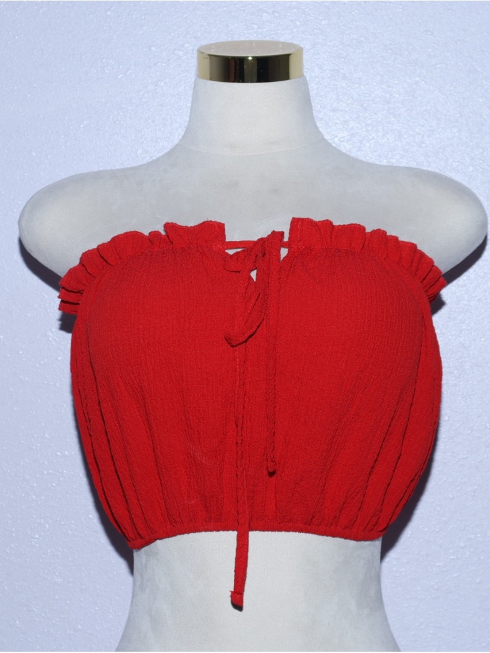 SHEIN Red Ruffled Tie-Front Strapless Crop Top